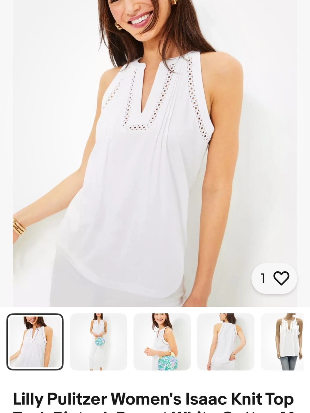 Lilly Pulitzer Women's Isaac Knit Top Tank Pintuck Resort White Cotton M